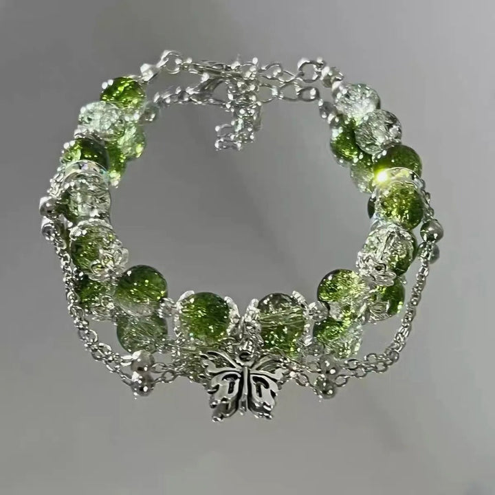 Brățară vintage cu fluture argintiu și mărgele verzi
